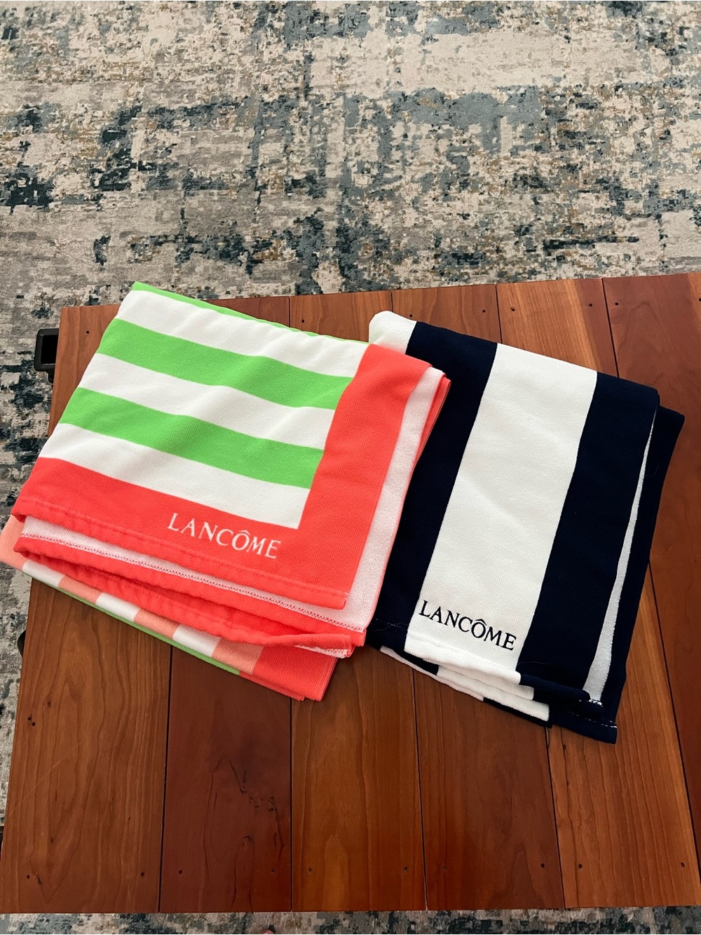 Striped Lancôme Beach Towels — Coral/Green and Navy/White—NWOT!